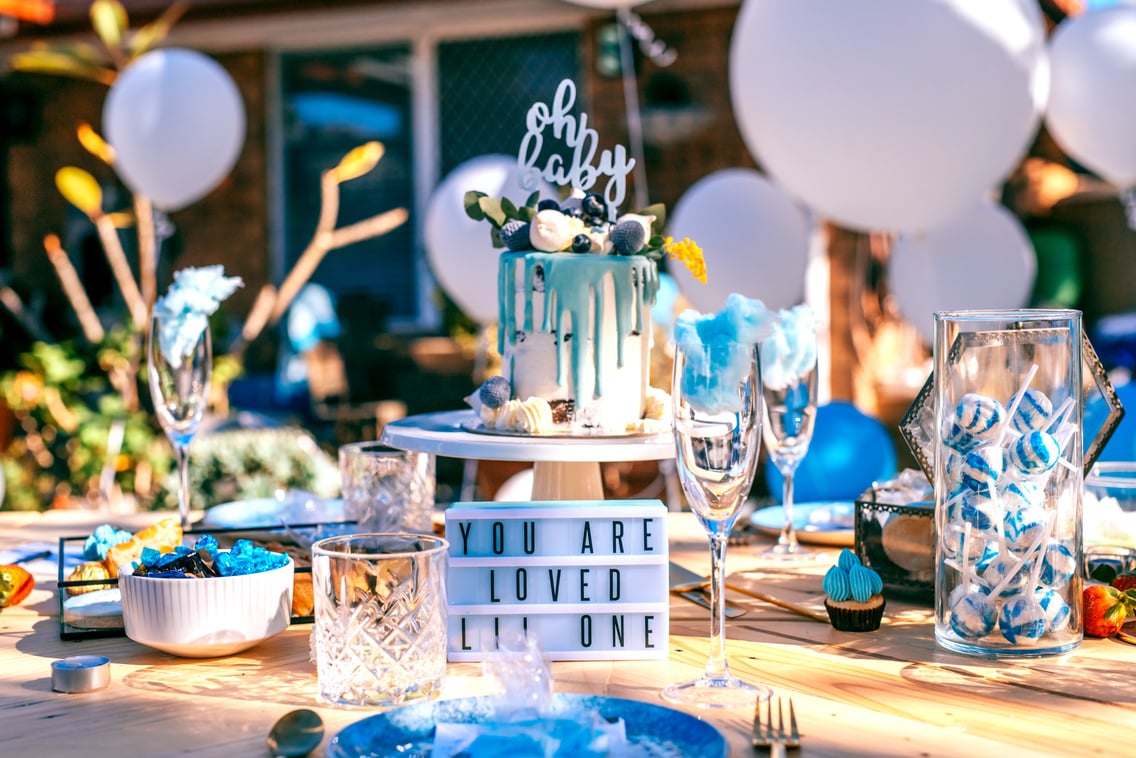 Baby Shower Cake on the Decorated Party Table 